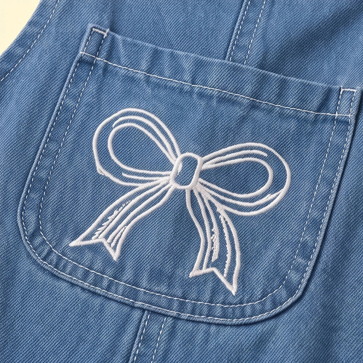 Girls Blue Denim Bow Embroidered Dungaree Jumpsuits