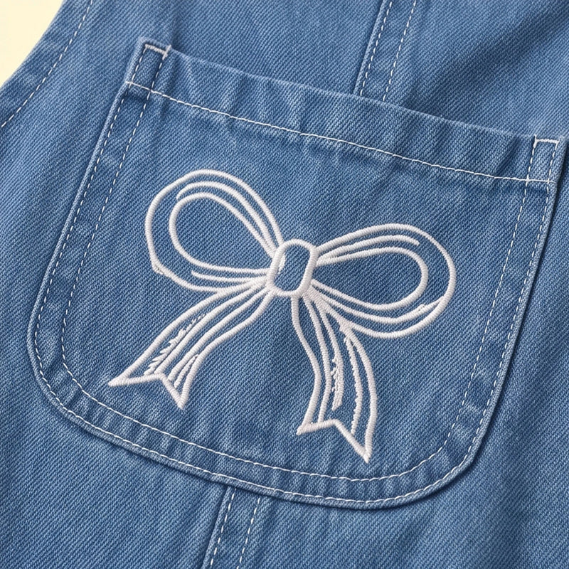 Girls Blue Denim Bow Embroidered Dungaree Jumpsuits