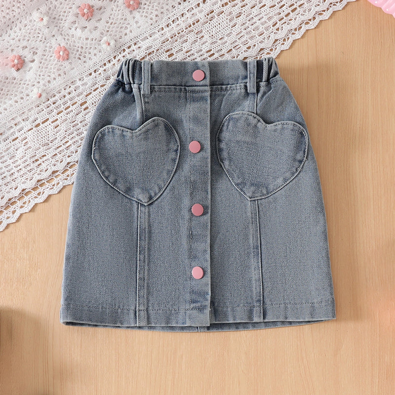 Girls Peach Heart Applique Crop Top With Denim Skirt Sets Sets