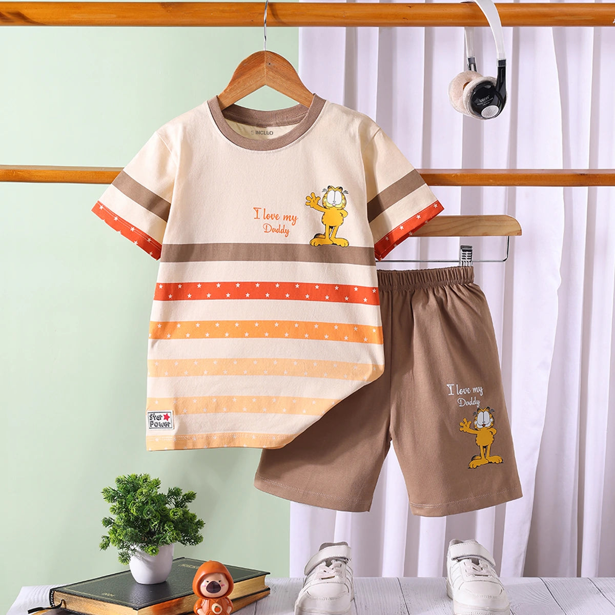 Boys Beige Cartoon Graphic Stripes T-Shirt With Elasticated Shorts Sets Sets Beige 1-2 Y