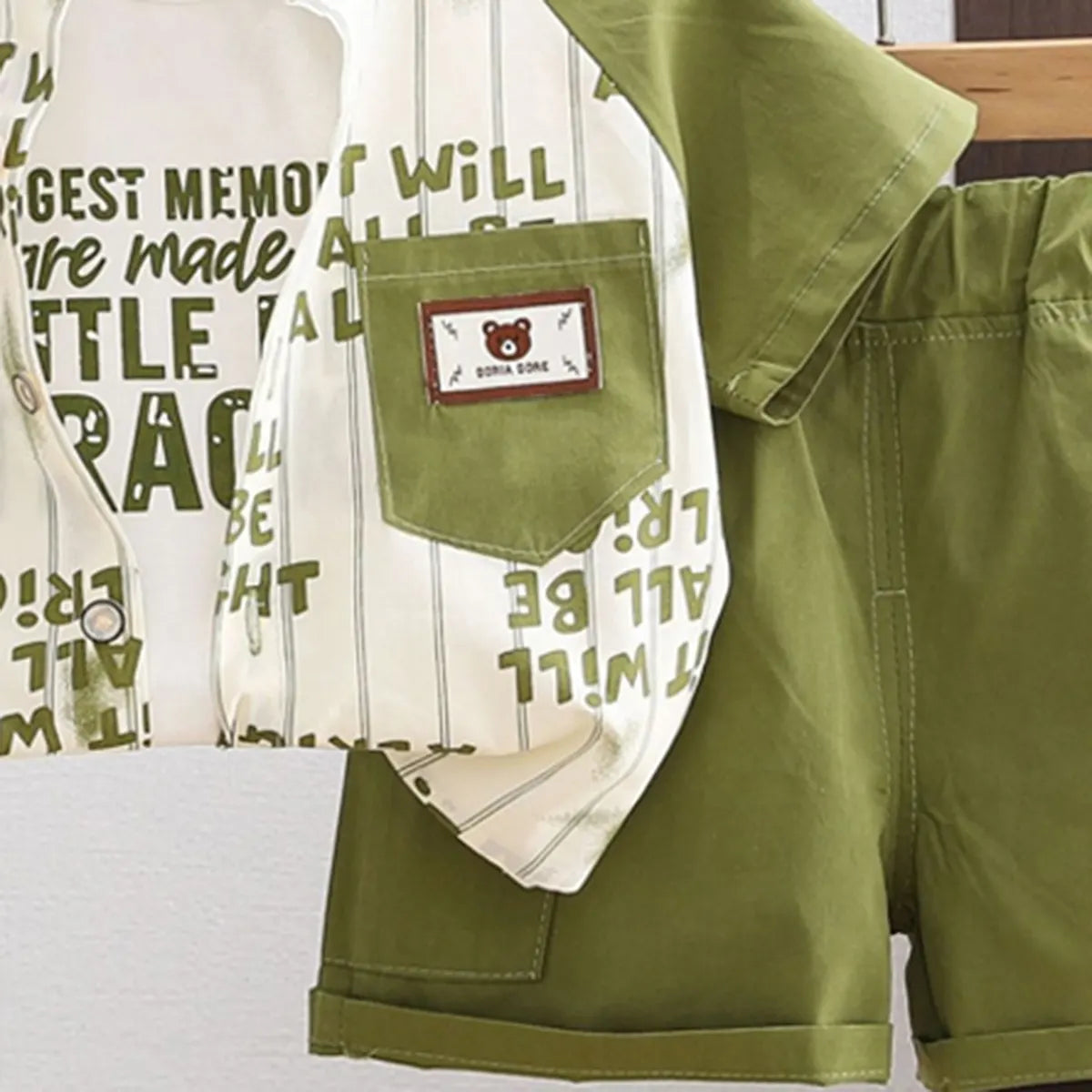 Boys Green Typographic Print Shirt With T-Shirt & Shorts Set Sets