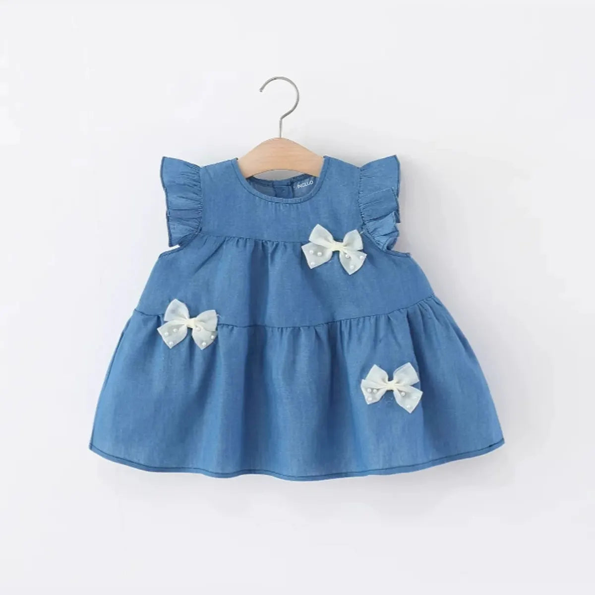 Girls Blue Flutter Sleeves Tiered A-line Dress With Bow Details Casual Dresses