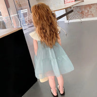 Girls Light Blue Tiered A-Line Dress With Oversized collar Casual Dresses