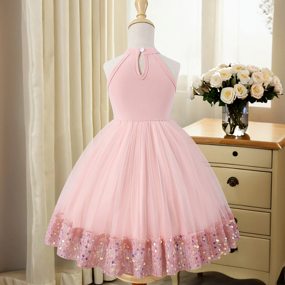 Girls Light Pink Sequin Embellished Sleeveless Fit & Flare Dress Casual Dresses