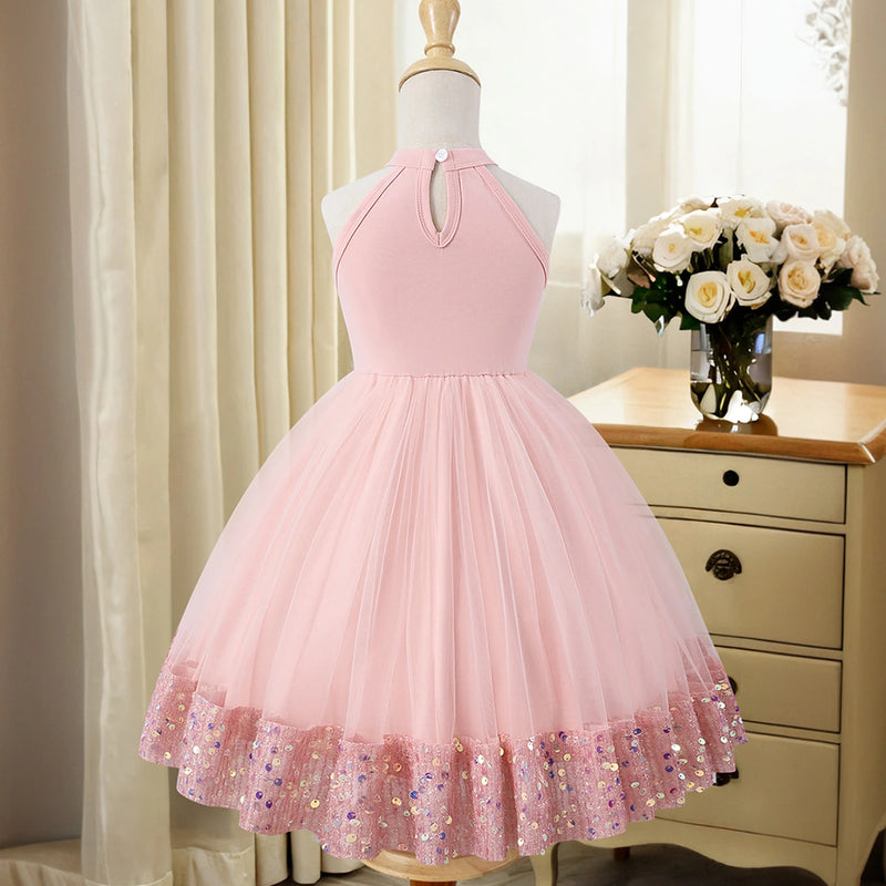 Girls Light Pink Sequin Embellished Sleeveless Fit & Flare Dress Casual Dresses