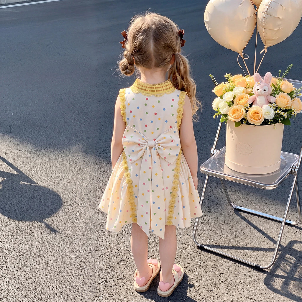 Girls Cream Polka Dot Print Sleeveless Dress Casual Dresses