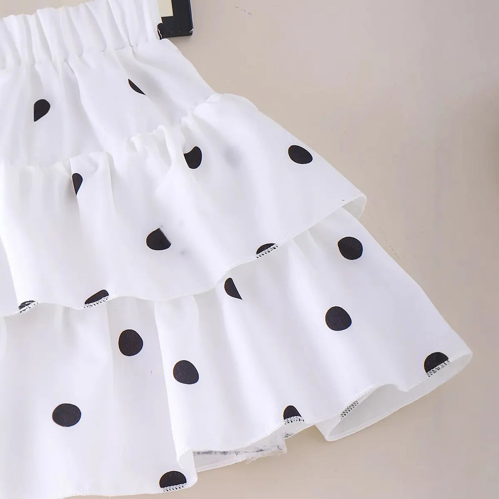 Girls White Polka Dot Print Sleeveless Top With Skirt Sets 2 pc. Sets