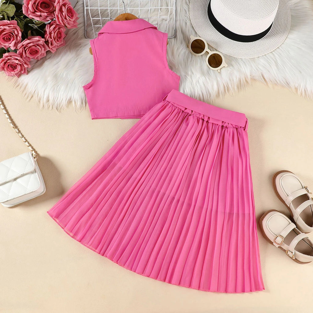 Girls Pink Sleeveless Top With Pleated Flared Skirt Sets 2 pc. Sets