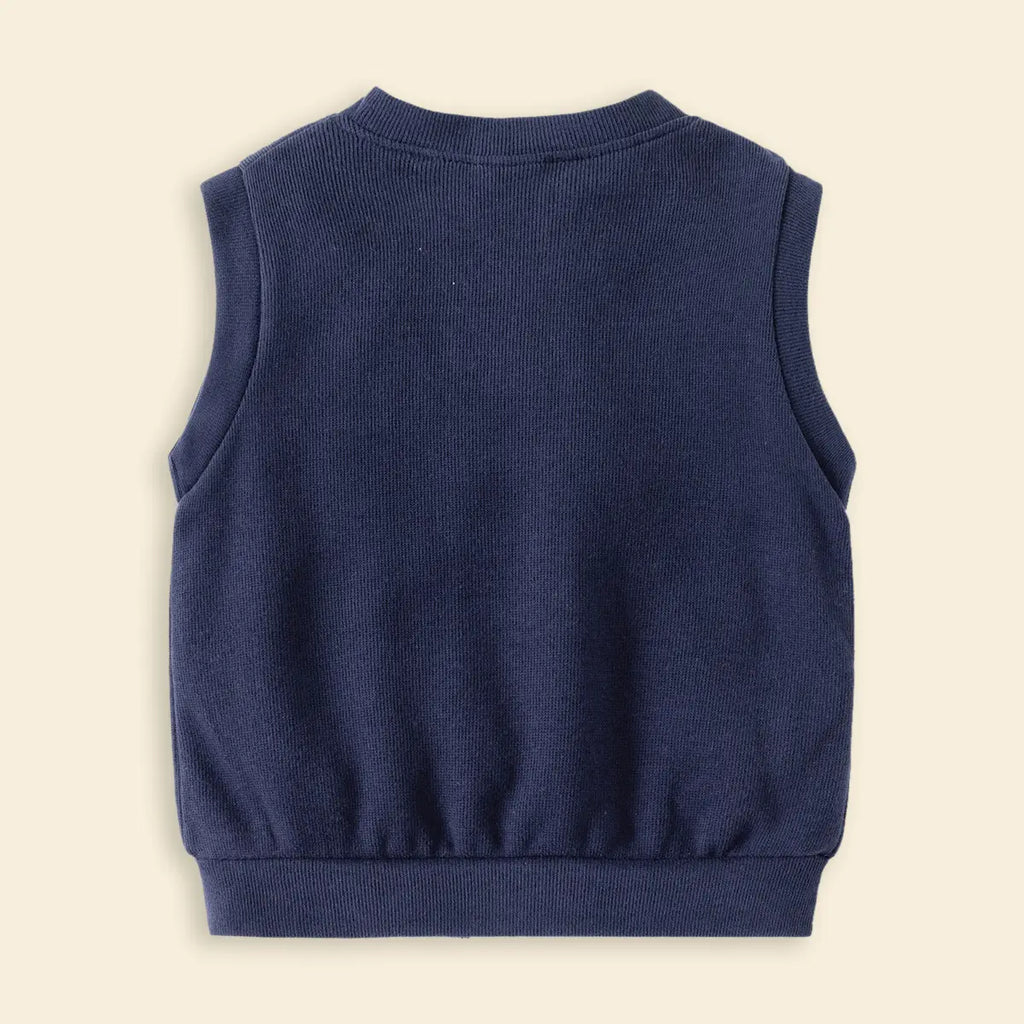 Boys Dark Blue Self-Design Sleeveless Knitted Cardigan Sweaters & Cardigans