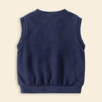Boys Dark Blue Self-Design Sleeveless Knitted Cardigan Sweaters & Cardigans