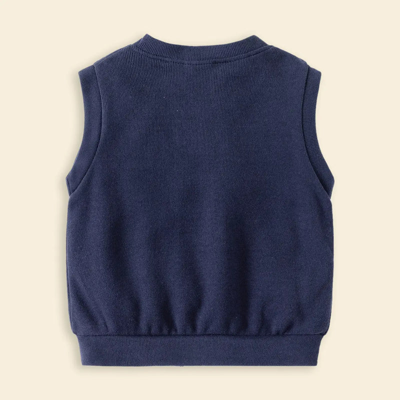 Boys Dark Blue Self-Design Sleeveless Knitted Cardigan Sweaters & Cardigans