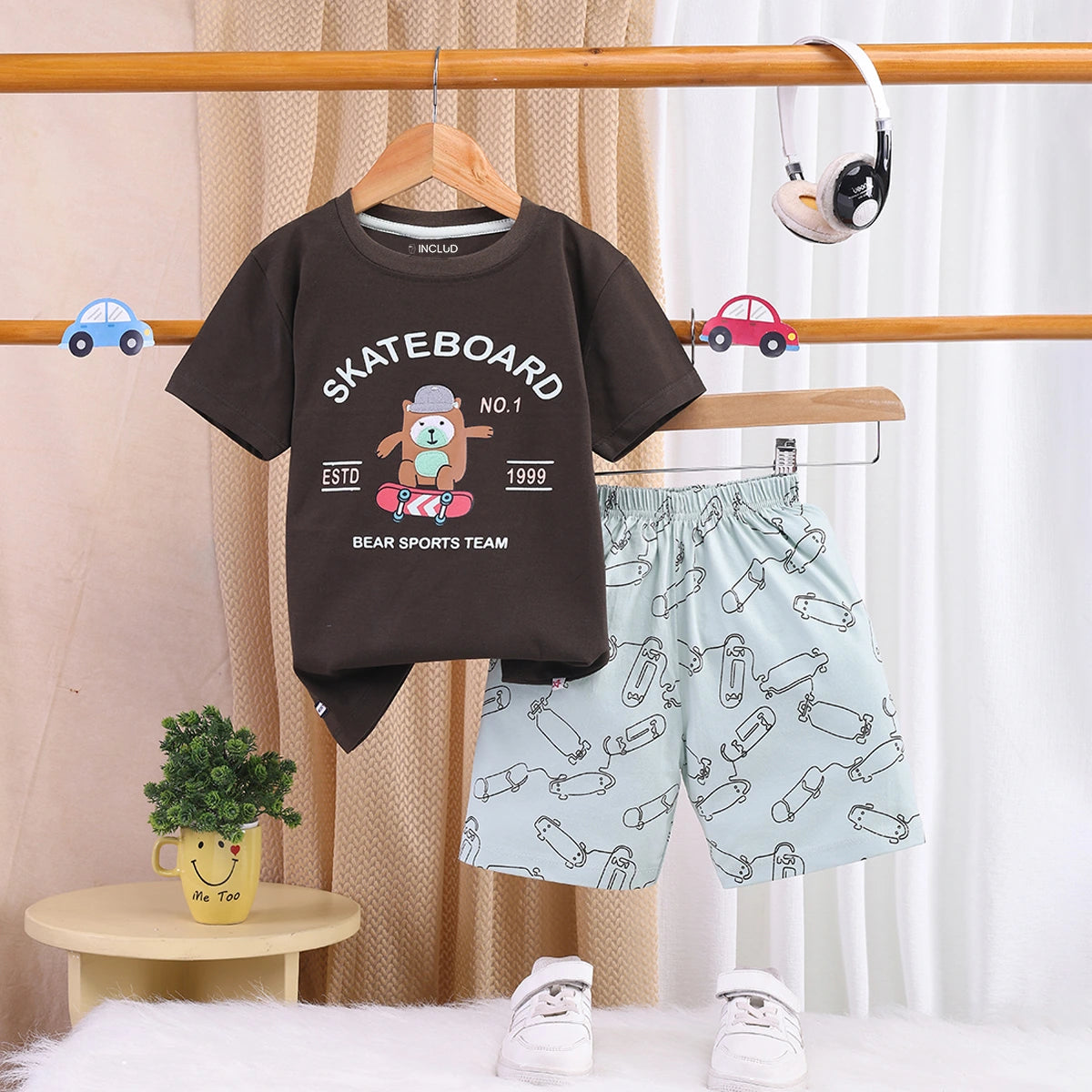 Boys Olive Typographic Printed T-Shirt With Elasticated Shorts Sets 2 pc. Sets Olive 2-3 Y