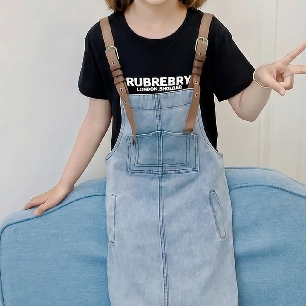 Girls Black Typographic Print Short Sleeve T-Shirt With Dungaree Sets 2 pc. Sets