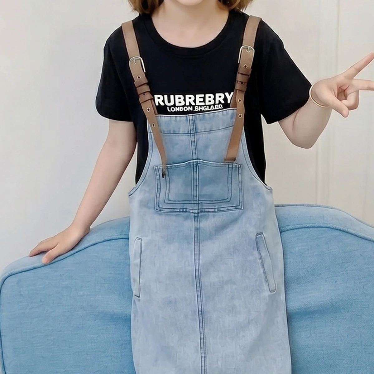 Girls Black Typographic Print Short Sleeve T-Shirt With Dungaree Sets 2 pc. Sets