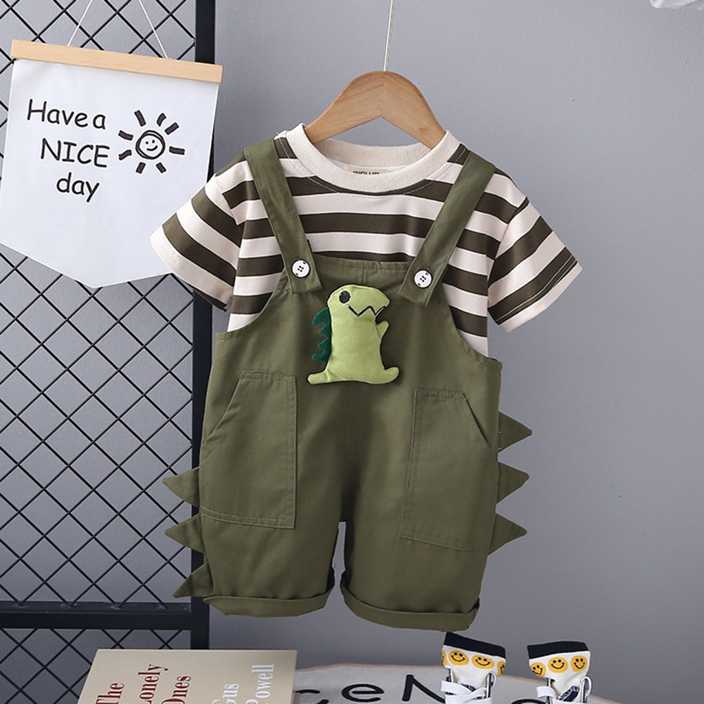 Boys Striped T-Shirt With Applique Embroidery Dungaree