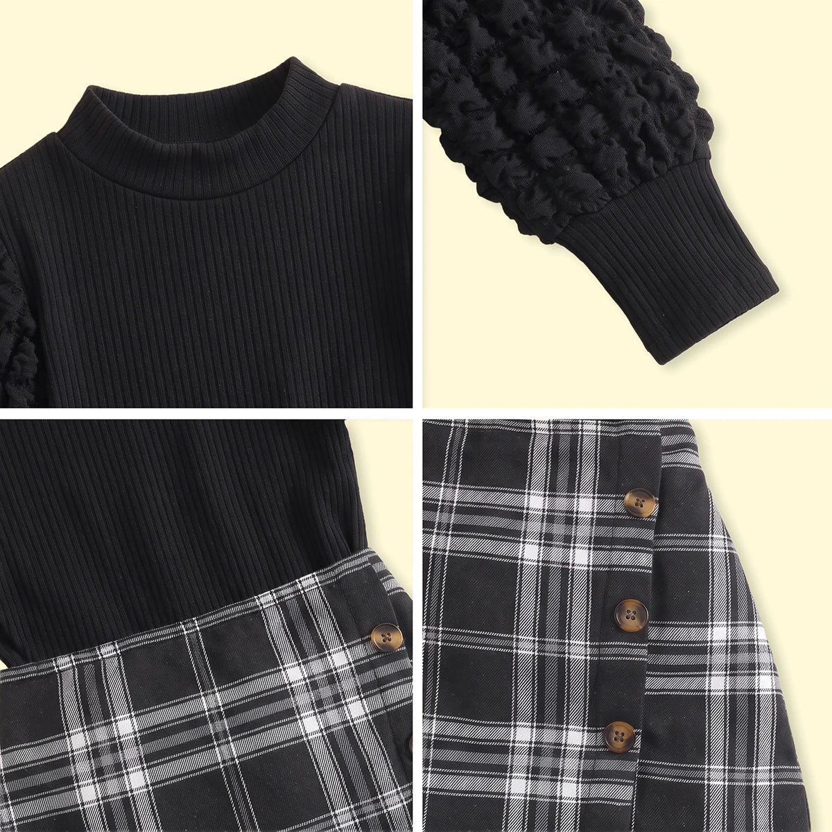Girls Black Ribbed Top With Checked Skirt Sets 2 pc. Sets