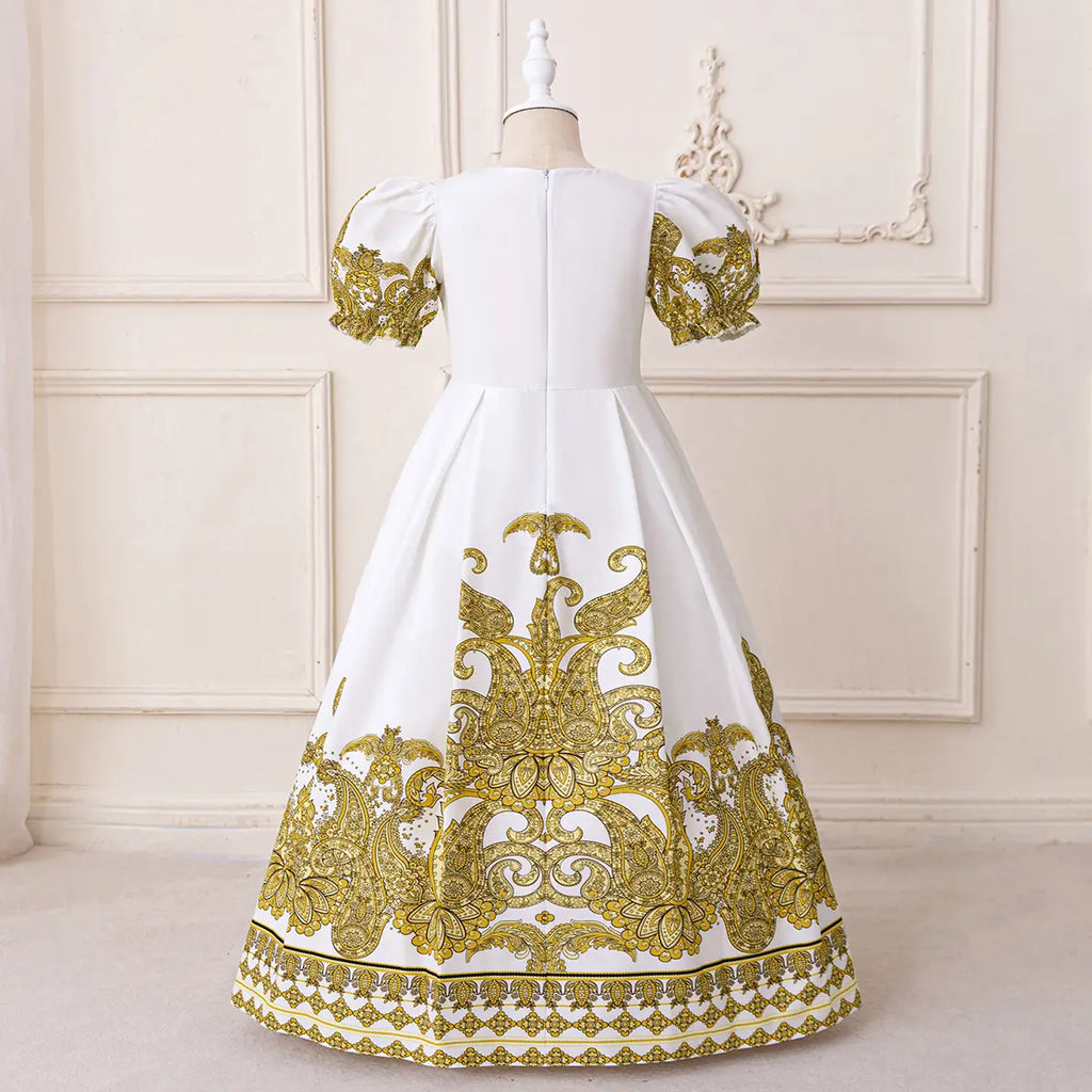 Girls White Ethnic Motifs Printed Fit And Flare Dress With Puff Sleeevs Casual Dresses