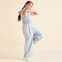 Girls Blue Sleeveless Long Length Jumpsuit With Smocking Jumpsuits