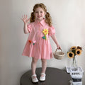 Girls Pink Flower Applique Short Sleeves Shirt Dress Casual Dresses Pink 1-2 Y