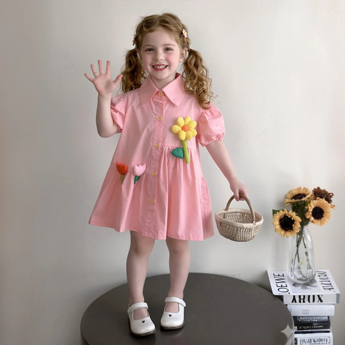 Girls Pink Flower Applique Short Sleeves Shirt Dress Casual Dresses Pink 1-2 Y