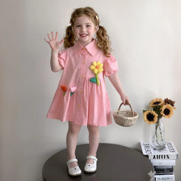 Girls Pink Flower Applique Short Sleeves Shirt Dress Casual Dresses Pink 1-2 Y