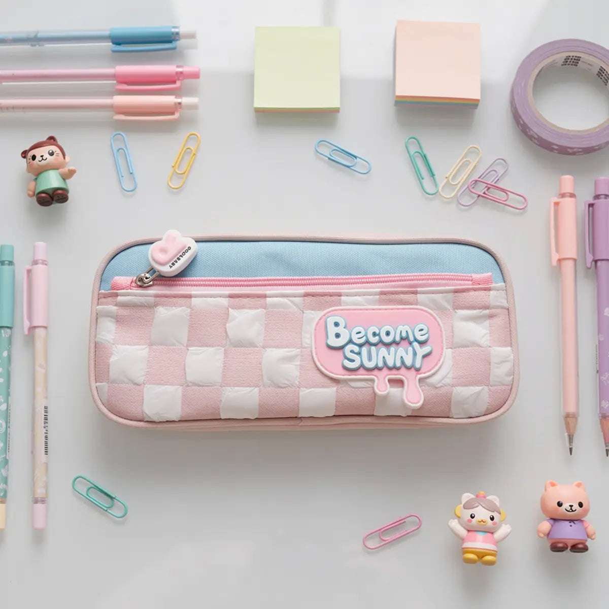 Aesthetic Become Sunny Pencil Pouch -Cute Checked School Stationery Organizer Trending Accessories