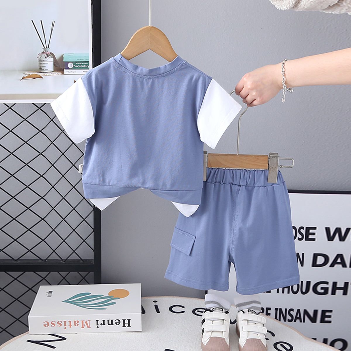 Boys Blue Colorblocked Typographic Printed T-Shirt With Shorts Set 2 pc. Sets