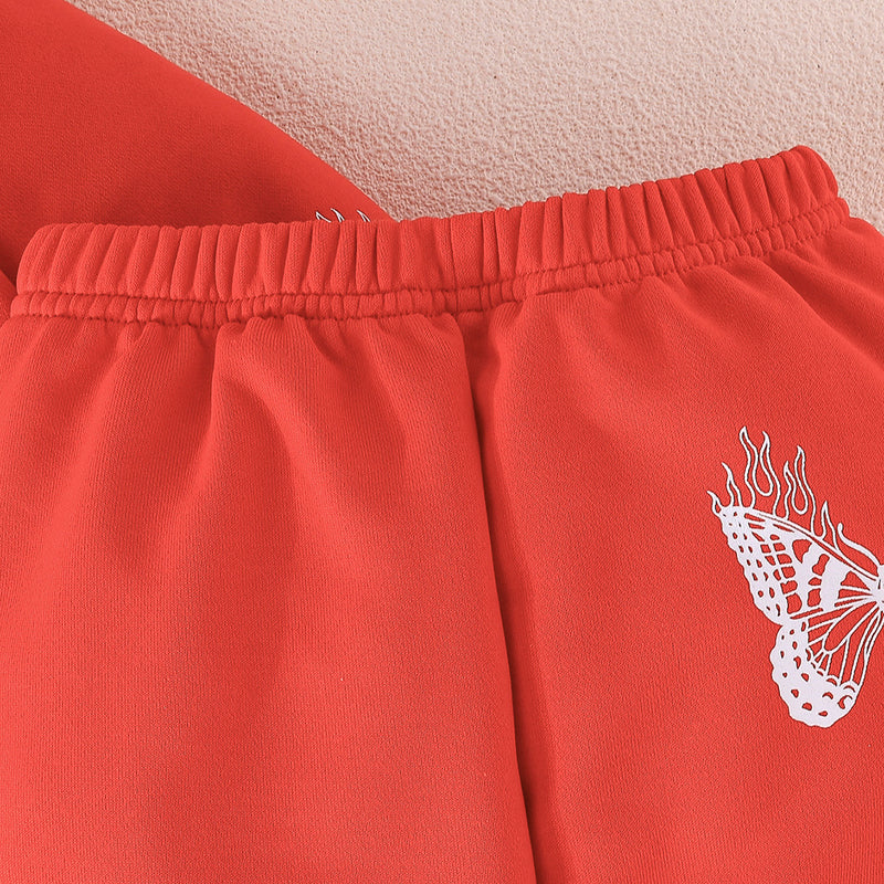 Girls Red Butterfly Foil Print Hooded Zipper with Joggers Set Sets