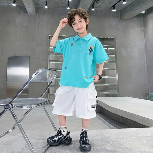 Boys Turquoise Graphic Polo T-Shirt With Shorts Sets Sets Turquoise Blue 5-6 Y