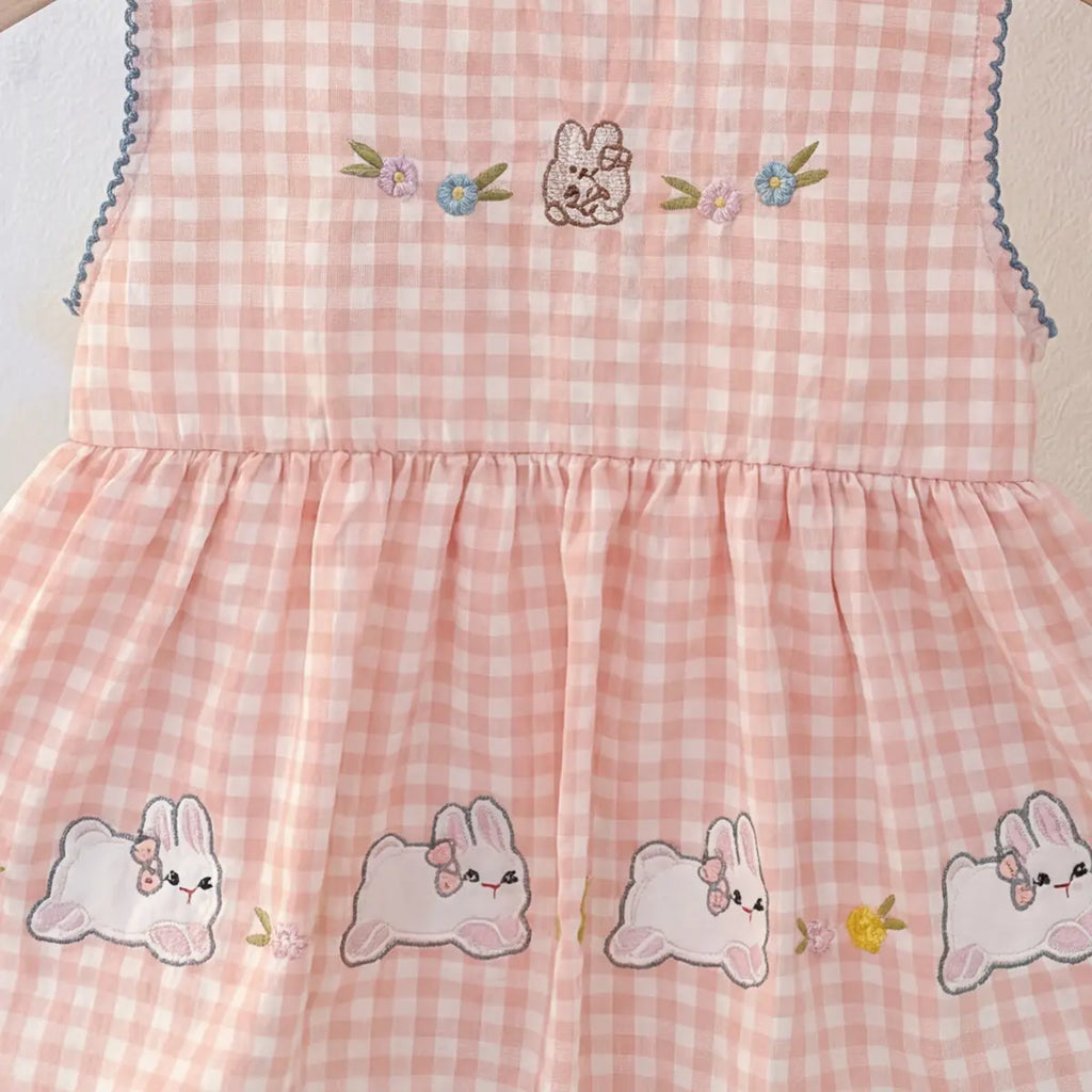 Girls Pink Rabbit Applique Sleeveless A-Line Dress Casual Dresses