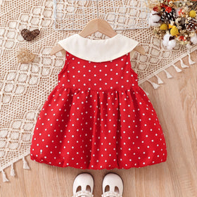 Girls Red Sleeveless Polka Dot Print Balloon Dress Casual Dresses