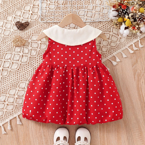Girls Red Sleeveless Polka Dot Print Balloon Dress Casual Dresses