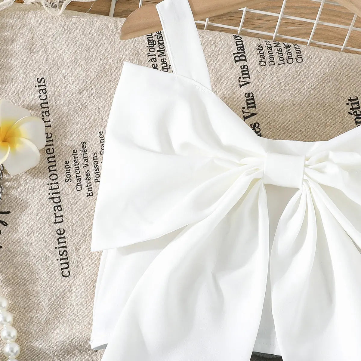 Girls White Bow Crop Top With Floral Embroidered Denim Shorts Sets Sets