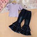 Girls Purple Puff Sleeves Top With Flared Pearl Embellishments Denim Pants Set Sets Purple 2-3 Y