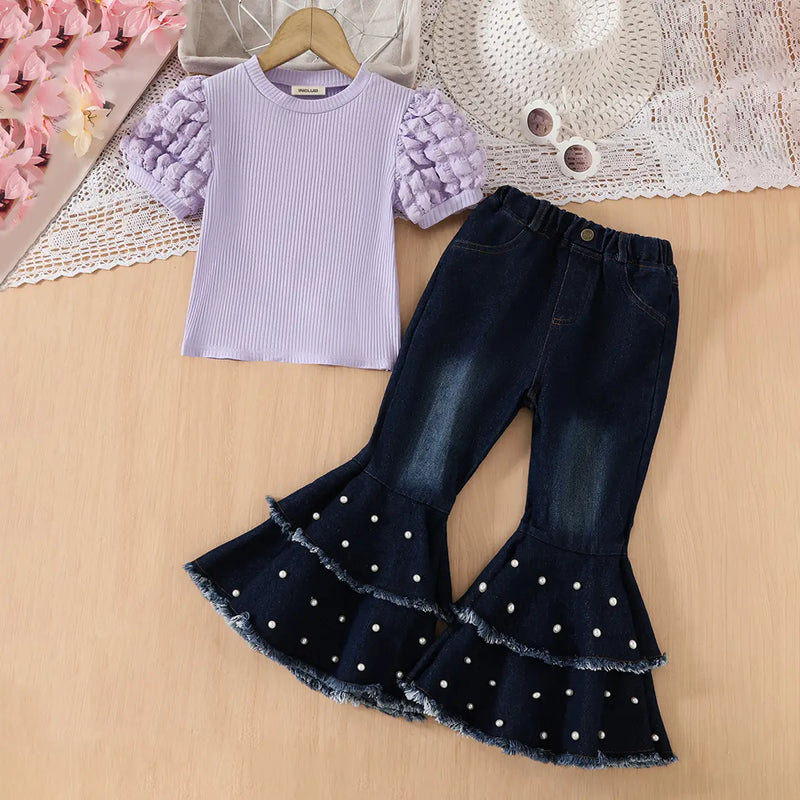 Girls Purple Puff Sleeves Top With Flared Pearl Embellishments Denim Pants Set Sets Purple 2-3 Y