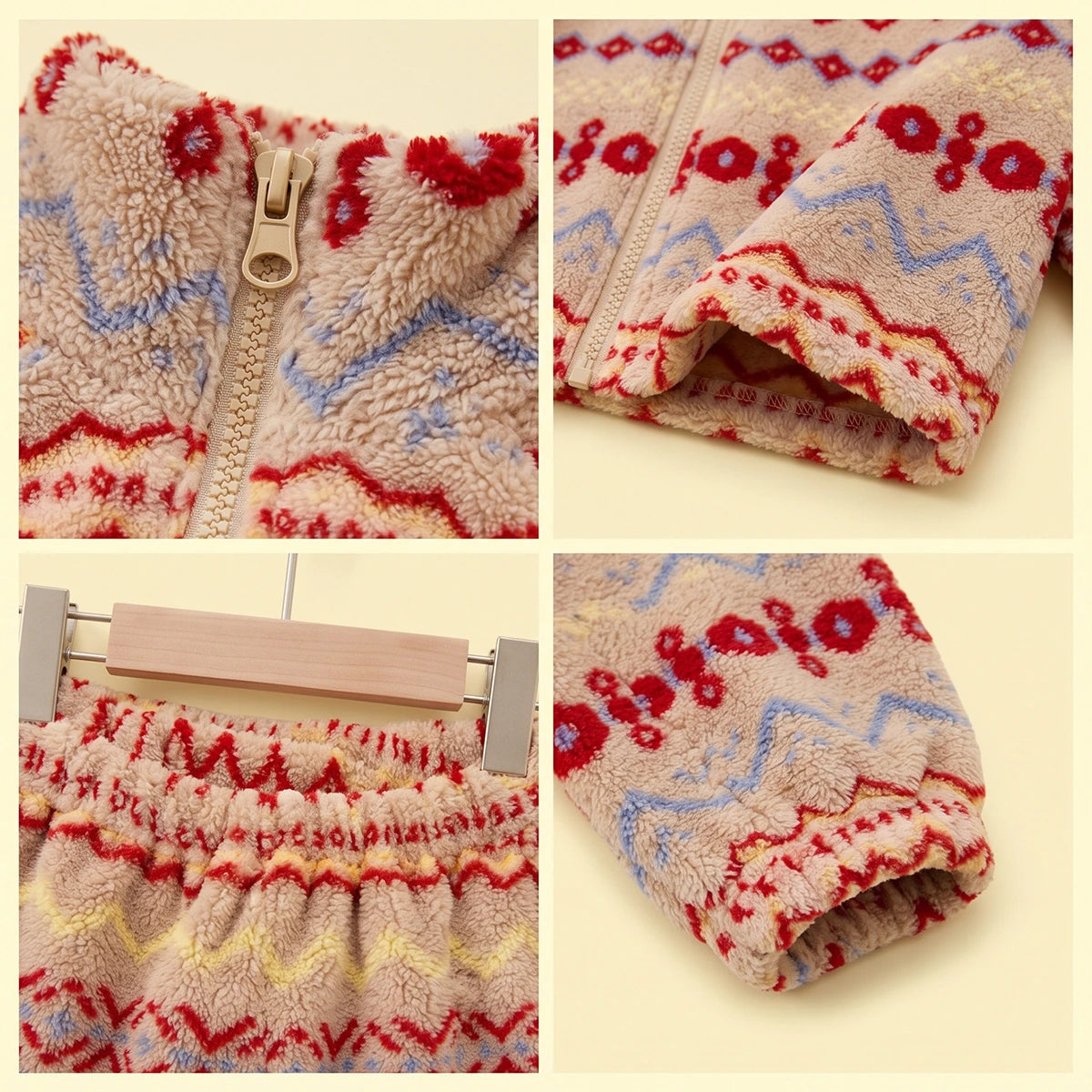 Girls Red Geometric Fleece Jacket & Pants Co-ord Sets Sets