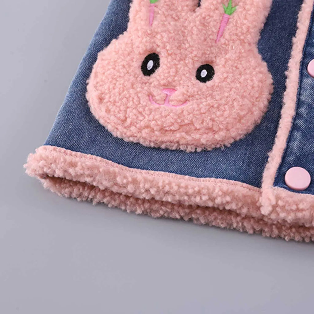 Girls Trendy Sleeveless Denim Jacket with Pink Fleece Lining & Bunny Applique Coats & Jackets