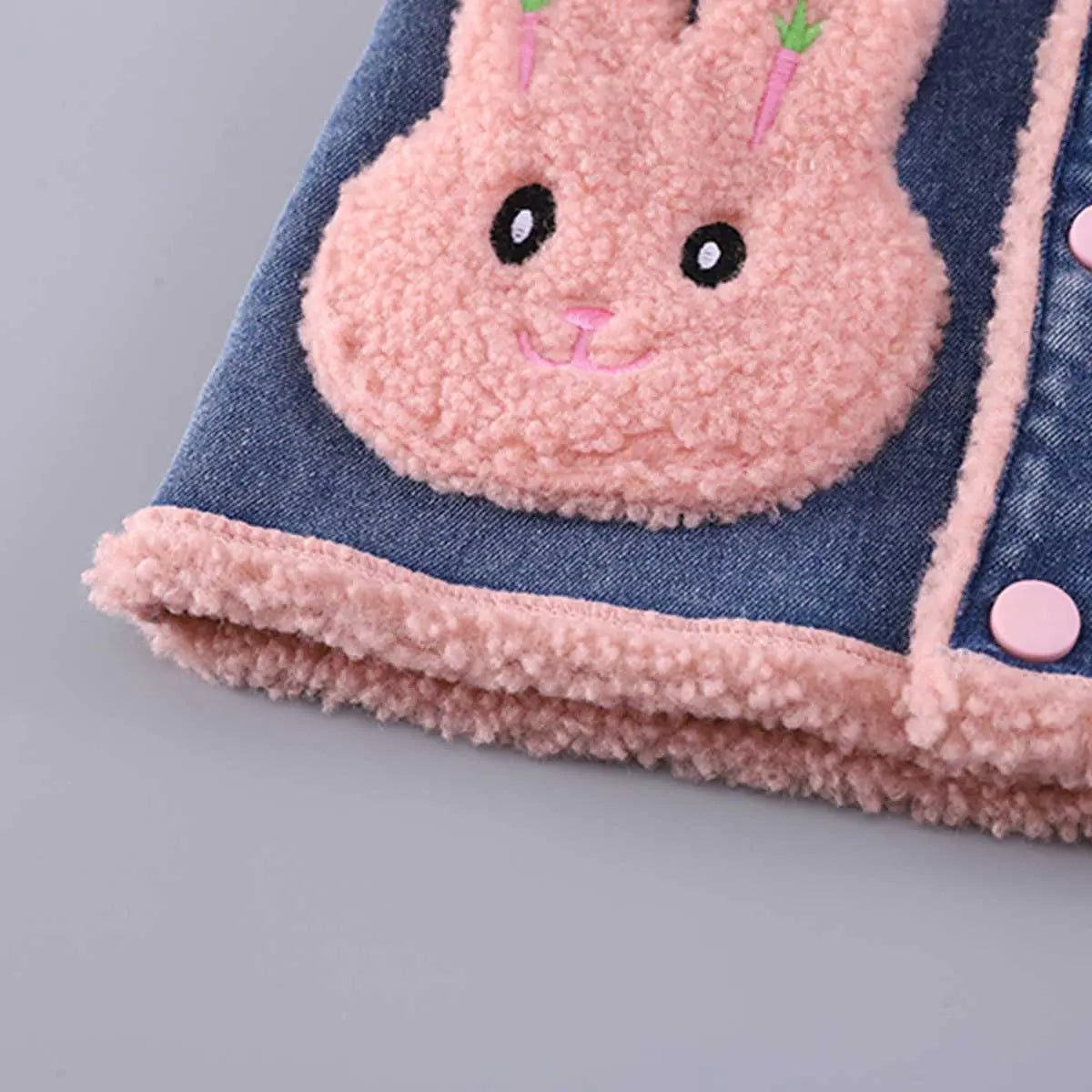 Girls Trendy Sleeveless Denim Jacket with Pink Fleece Lining & Bunny Applique Coats & Jackets