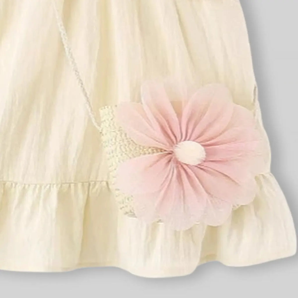 Girls Cream Sleeveless Summer A-line Dress With Sling Bag Casual Dresses