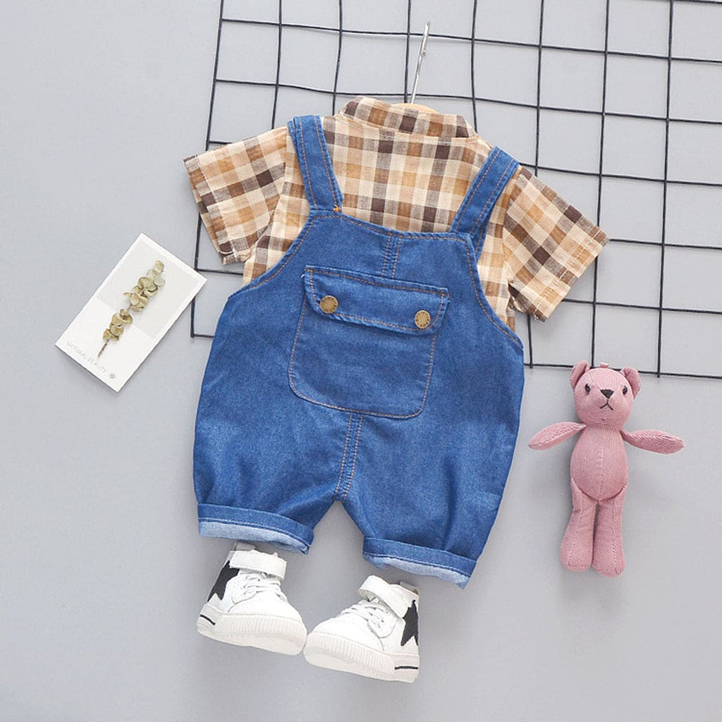 Boys Short Sleeve Checkered Shirt With Dungaree