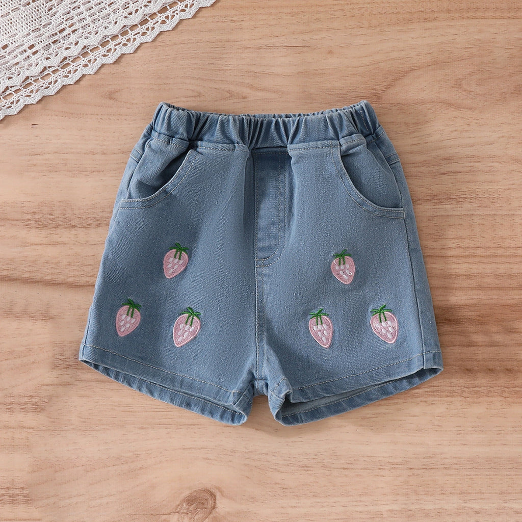 Girls Pink Strawberry Embroidered Peplum Top With Denim Shorts Sets Sets