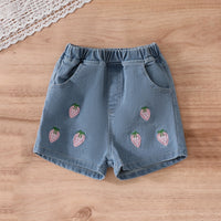 Girls Pink Strawberry Embroidered Peplum Top With Denim Shorts Sets Sets