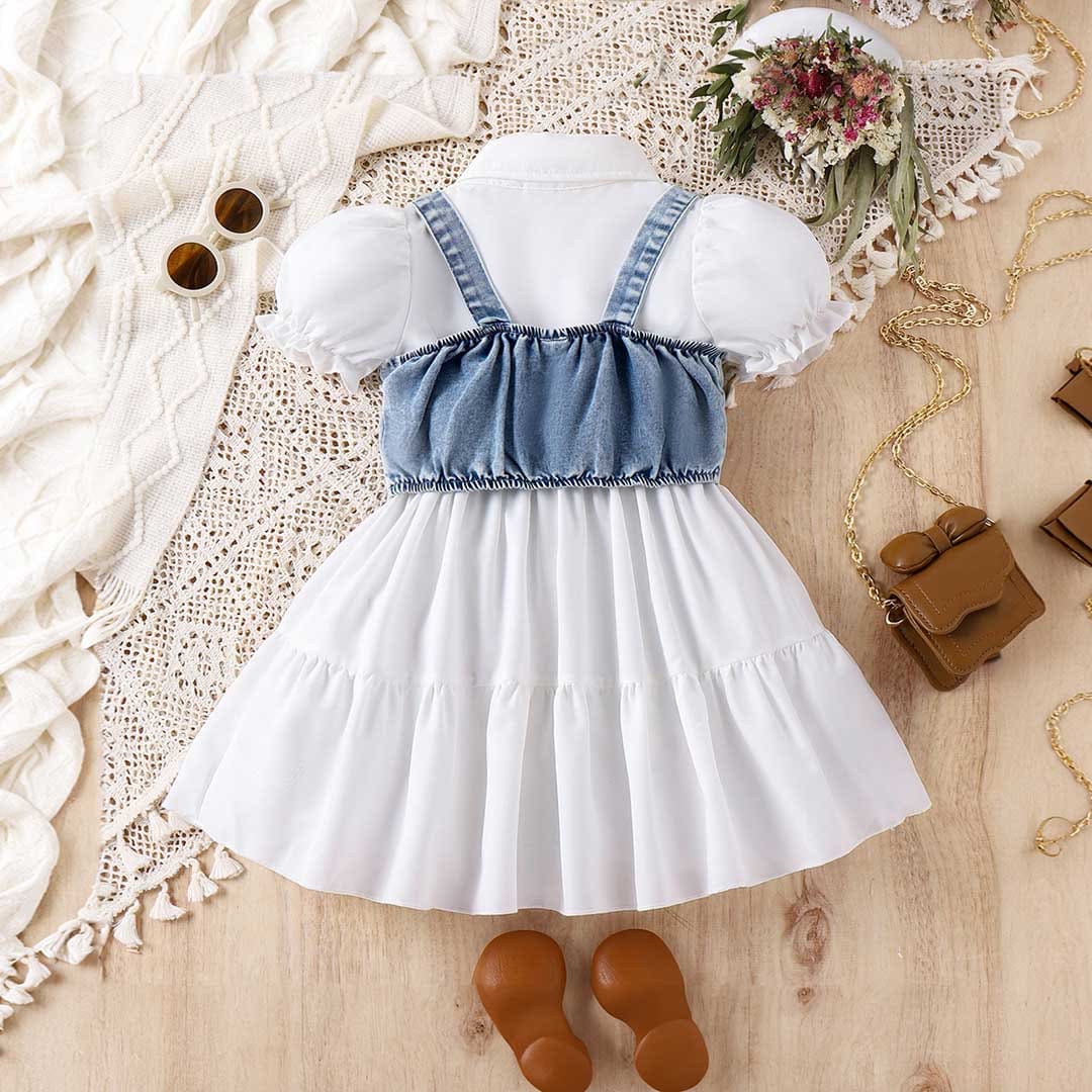 Girls Puff Sleeve Shirt Dress With Denim Vest Casual Dresses   