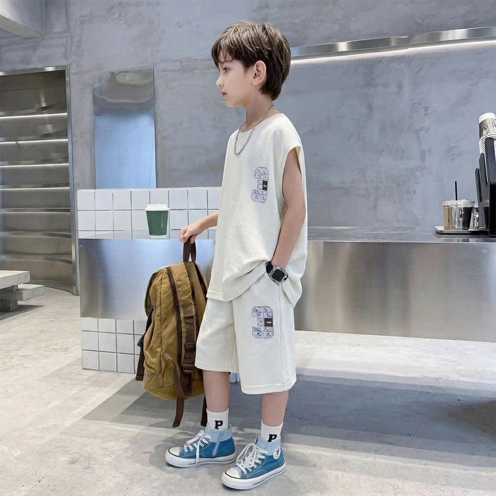 Boys Apricot Typographic Printed Sleeveless T-Shirt With Elasticated Shorts Sets Sets