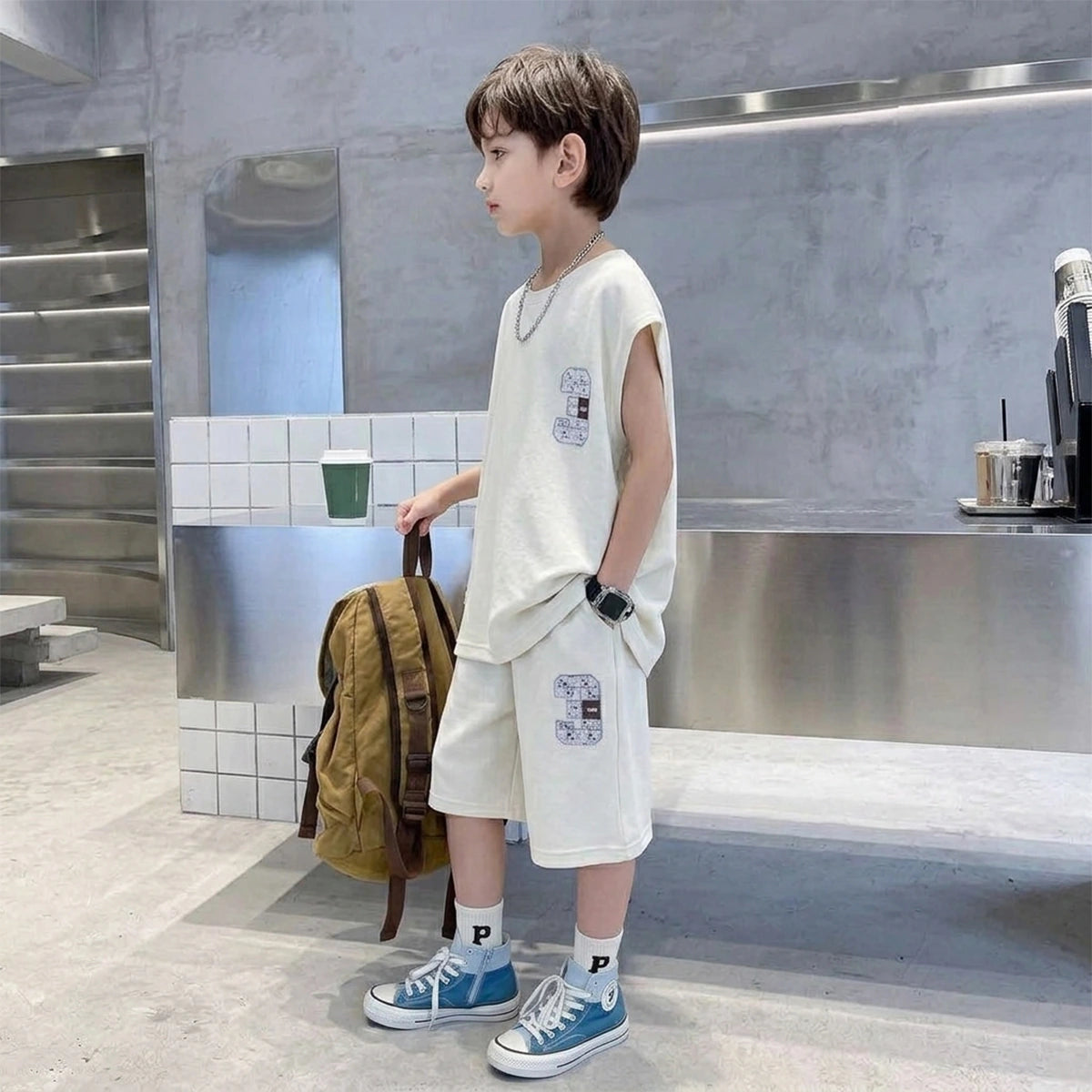 Boys Apricot Typographic Printed Sleeveless T-Shirt With Elasticated Shorts Sets Sets