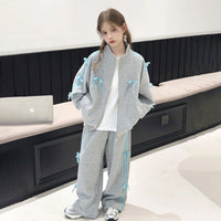 Girls Grey Bow Detailed Oversized Zip-up Jacket With Pants Co-ord Sets Sets