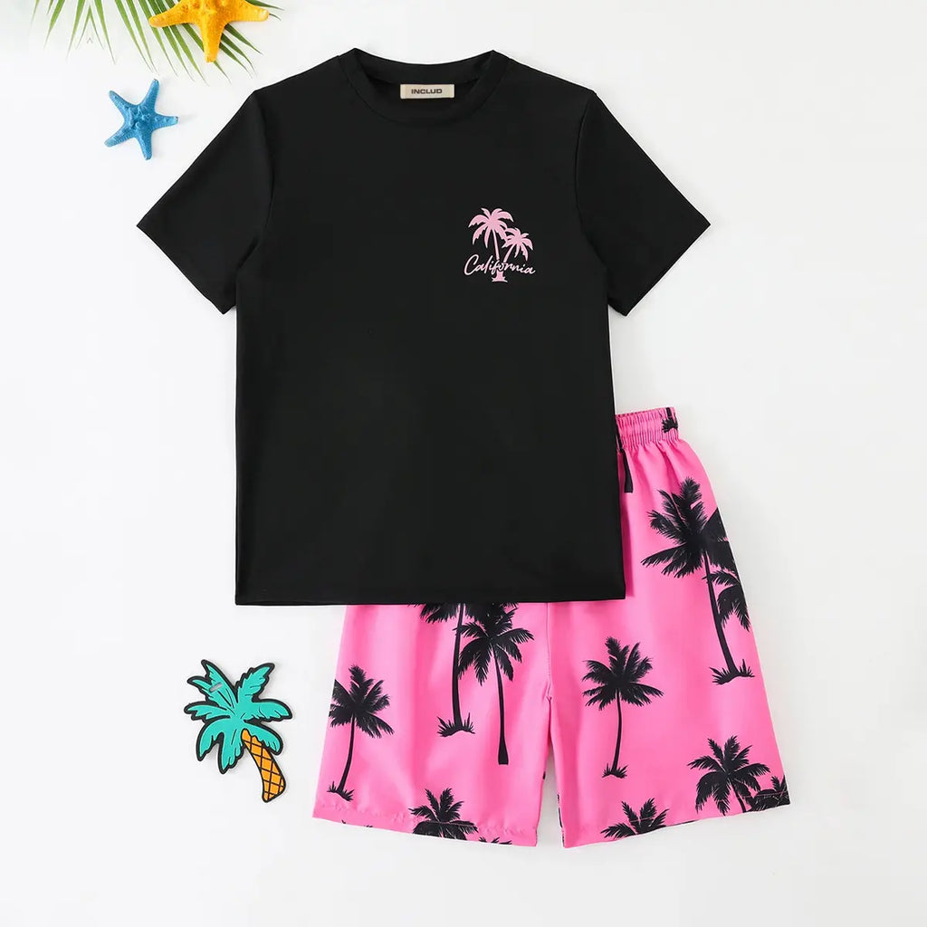 Boys Black Tropical Printed Short Sleeves T-Shirt & Shorts Swimsuit Sets Sets Black 7-8 Y