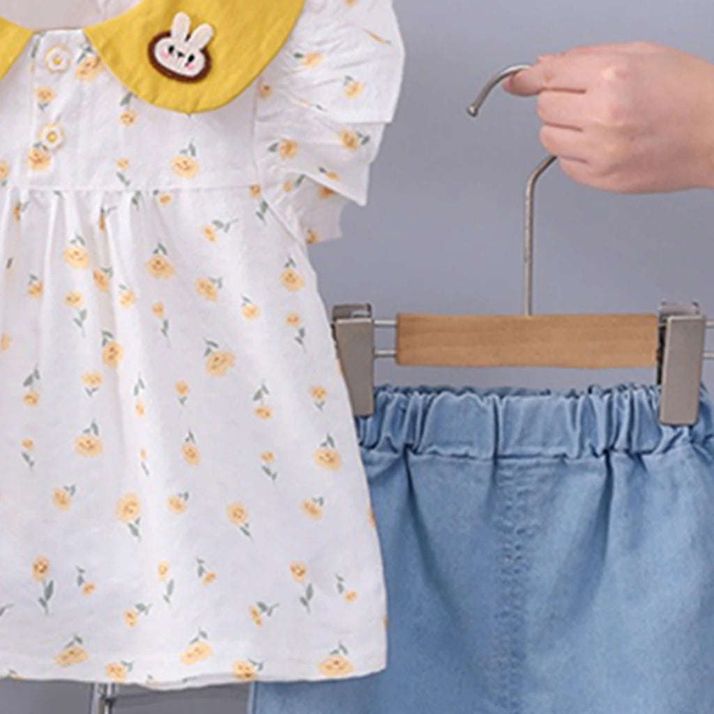 Girls Yellow Floral Print Bunny Applique Top With Denim Shorts Set Sets