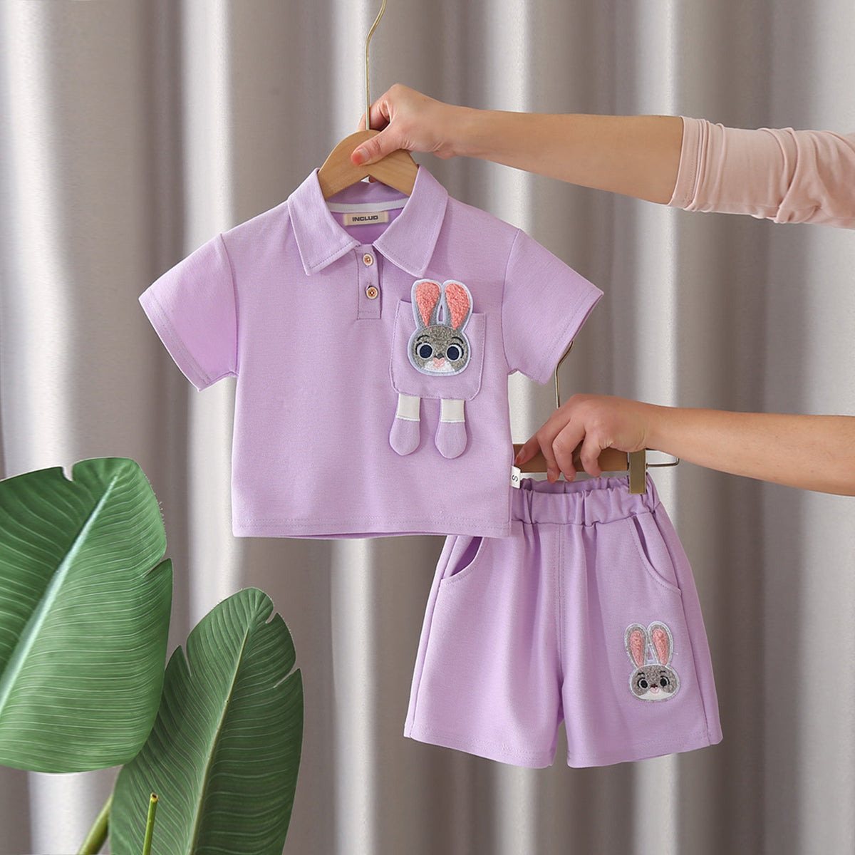 Girls Purple Bunny Appliqued Short Sleeves Polo T-Shirt With Shorts Set 2 pc. Sets Purple 1-2 Y