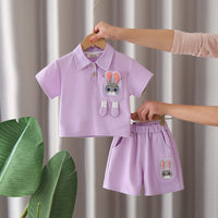 Girls Purple Bunny Appliqued Short Sleeves Polo T-Shirt With Shorts Set 2 pc. Sets Purple 1-2 Y